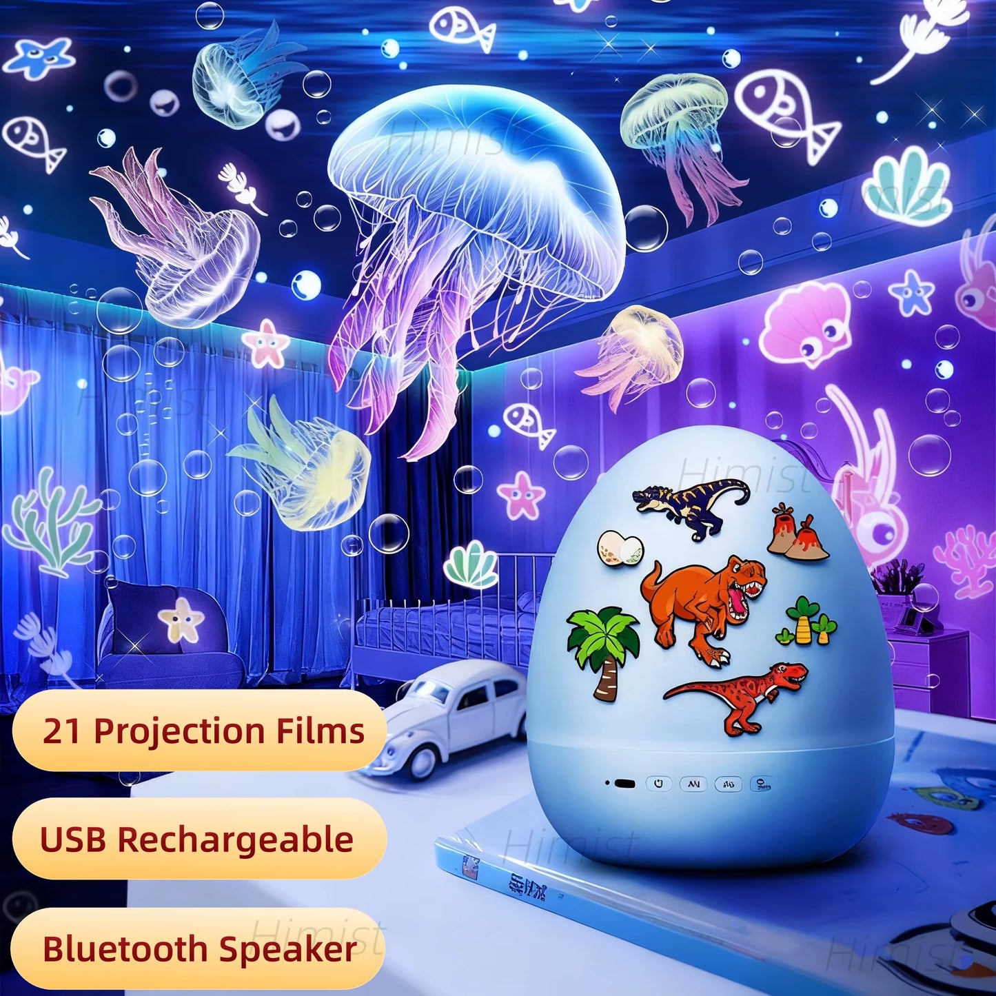 Dinosaur Egg Night Light Projector for Kids Rotating Star Projector with Soothing Music Box & 21 Films, USB Baby Nightlight Gift